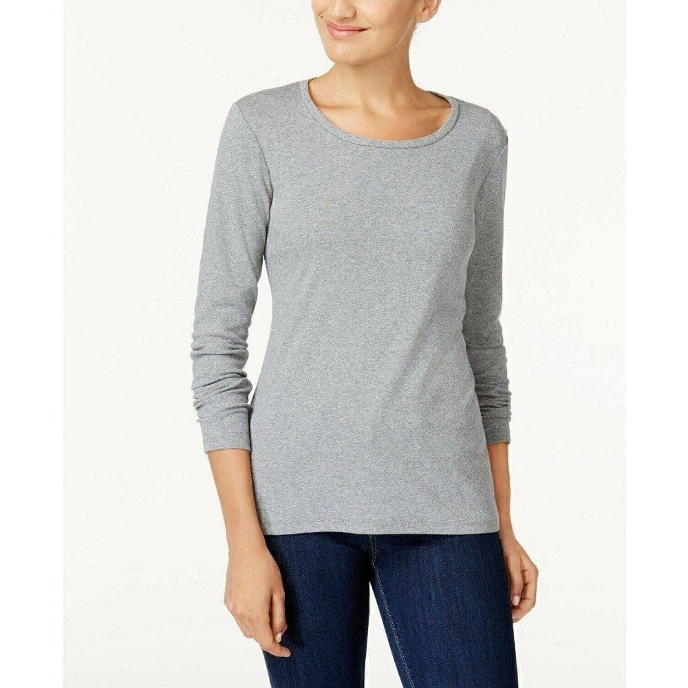NEW Grey Scoop-Neck Fitted Long-Sleeve Top Small‎
